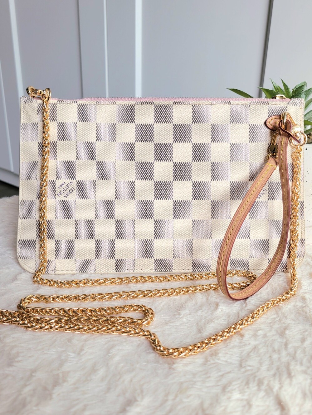 💕 Louis Vuitton Neverfull Mm/Gm Clutch Wristlet Damier Azur Rose Ballerine